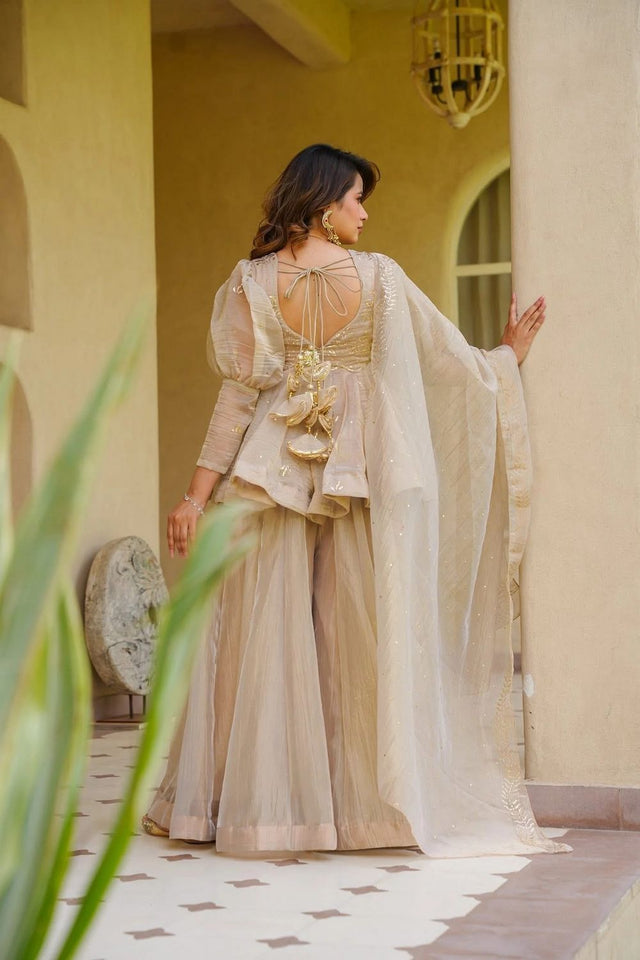 Cream Foil Work Tissue Sharara Suit (ACB1858)