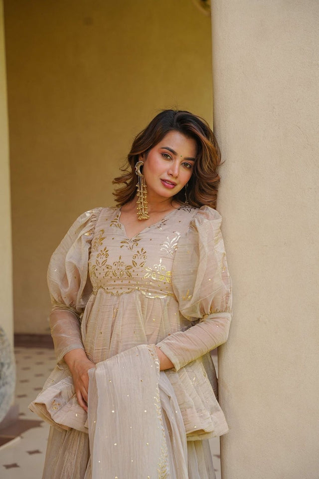 Cream Foil Work Tissue Sharara Suit (ACB1858)