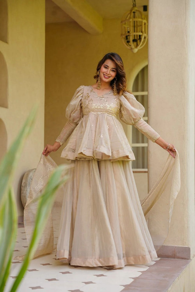 Cream Foil Work Tissue Sharara Suit (ACB1858)