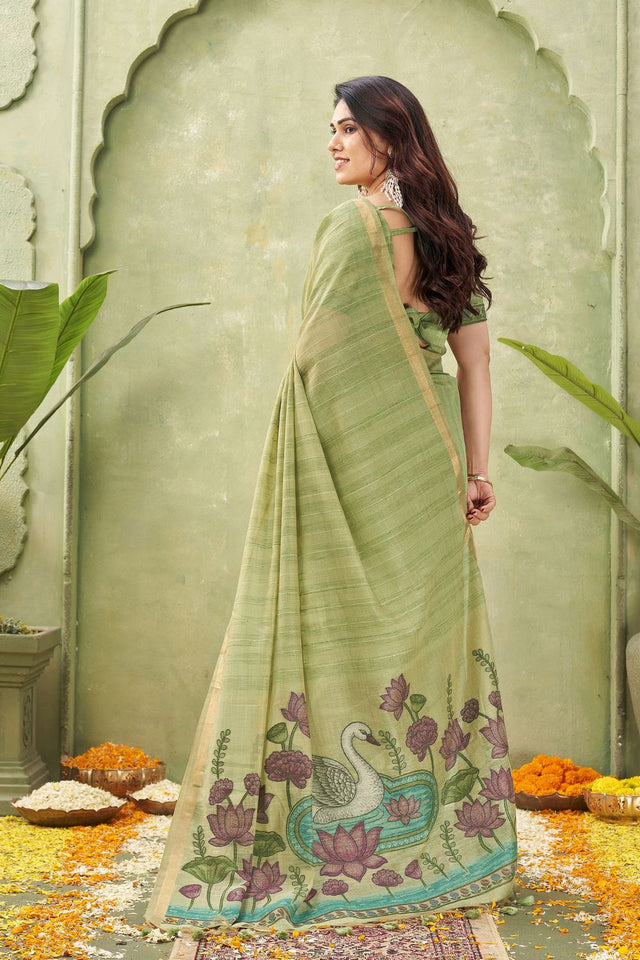 Green Woven Cotton Saree (ACB1875)