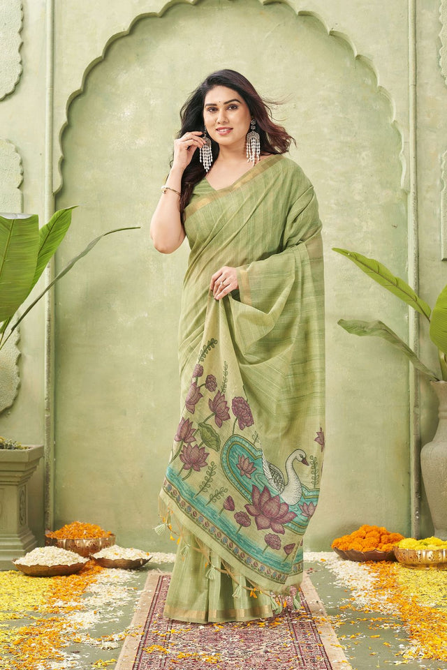 Green Woven Cotton Saree (ACB1875)