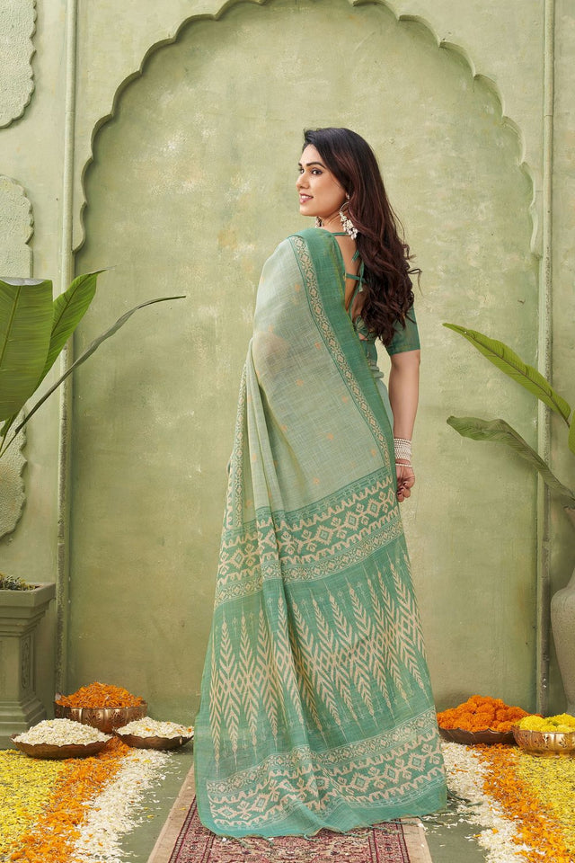 Green Ikat Printed Linen Saree (ACB1884)
