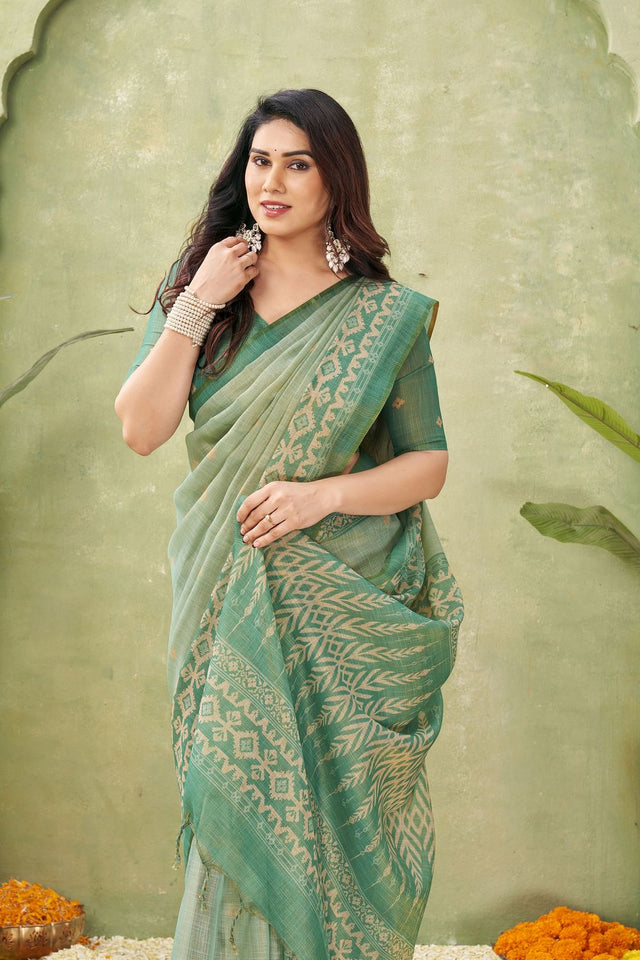 Green Ikat Printed Linen Saree (ACB1884)