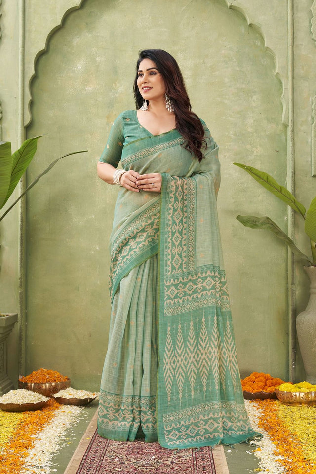 Green Ikat Printed Linen Saree (ACB1884)