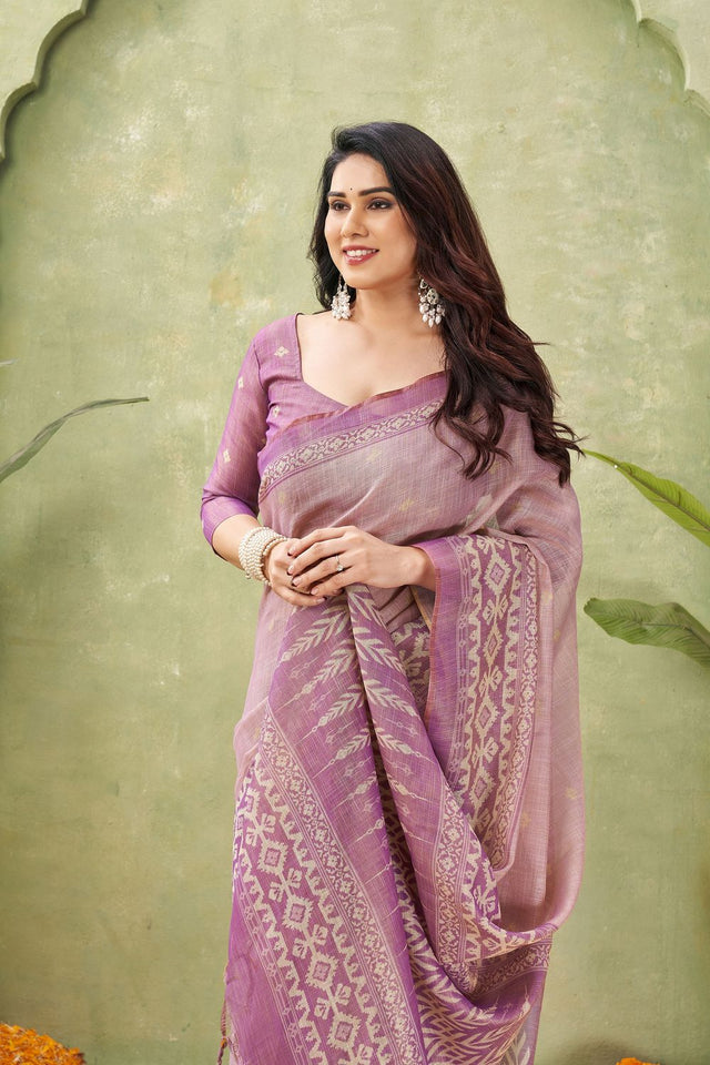 Pink Ikat Printed Linen Saree (ACB1885)