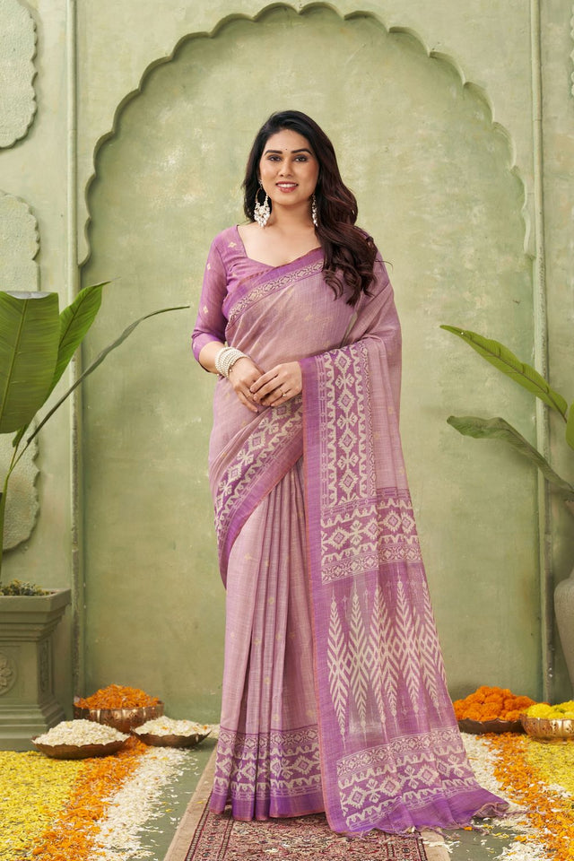 Pink Ikat Printed Linen Saree (ACB1885)