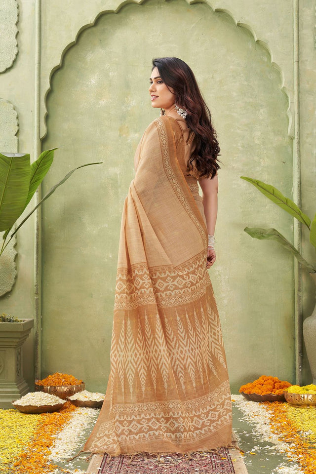 Orange Ikat Printed Linen Saree (ACB1886)