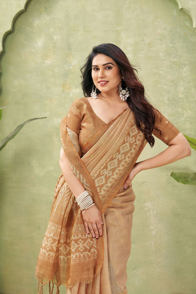 Orange Ikat Printed Linen Saree (ACB1886)