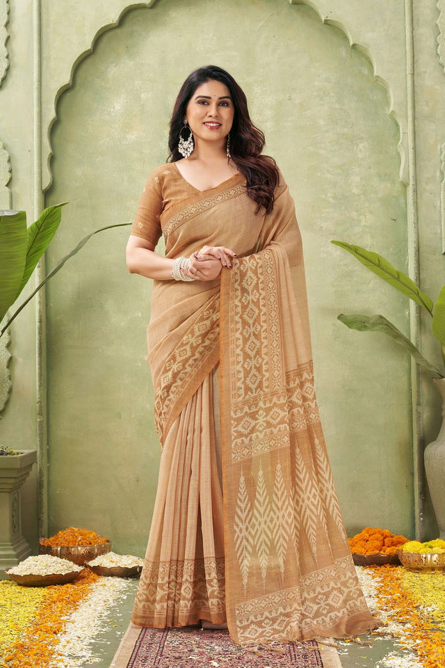 Orange Ikat Printed Linen Saree (ACB1886)