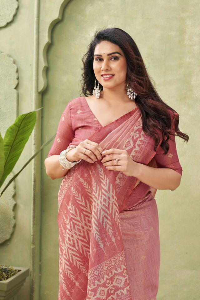 Pink Ikat Printed Linen Saree (ACB1887)