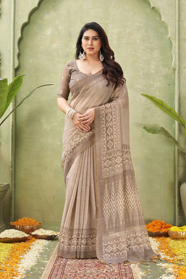 Grey Ikat Printed Linen Saree (ACB1888)