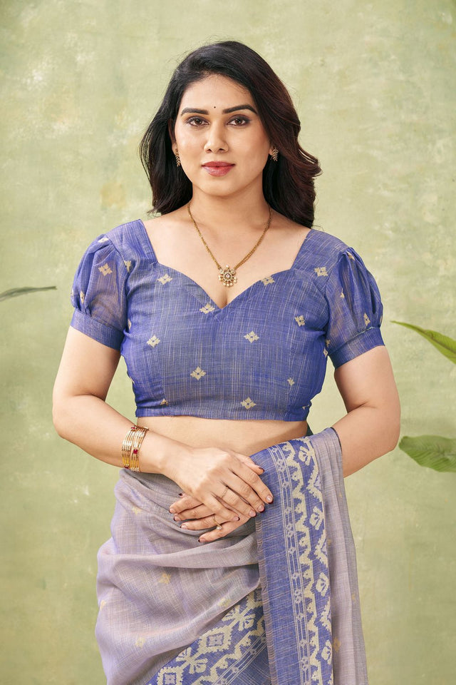Blue Ikat Printed Linen Saree (ACB1889)