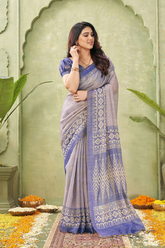Blue Ikat Printed Linen Saree (ACB1889)