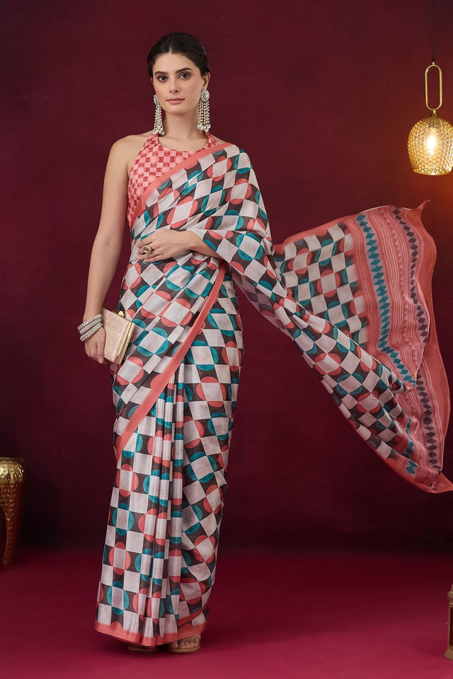 Orange Geometric Printed Satin Ready to Wear Saree (ACB1891)
