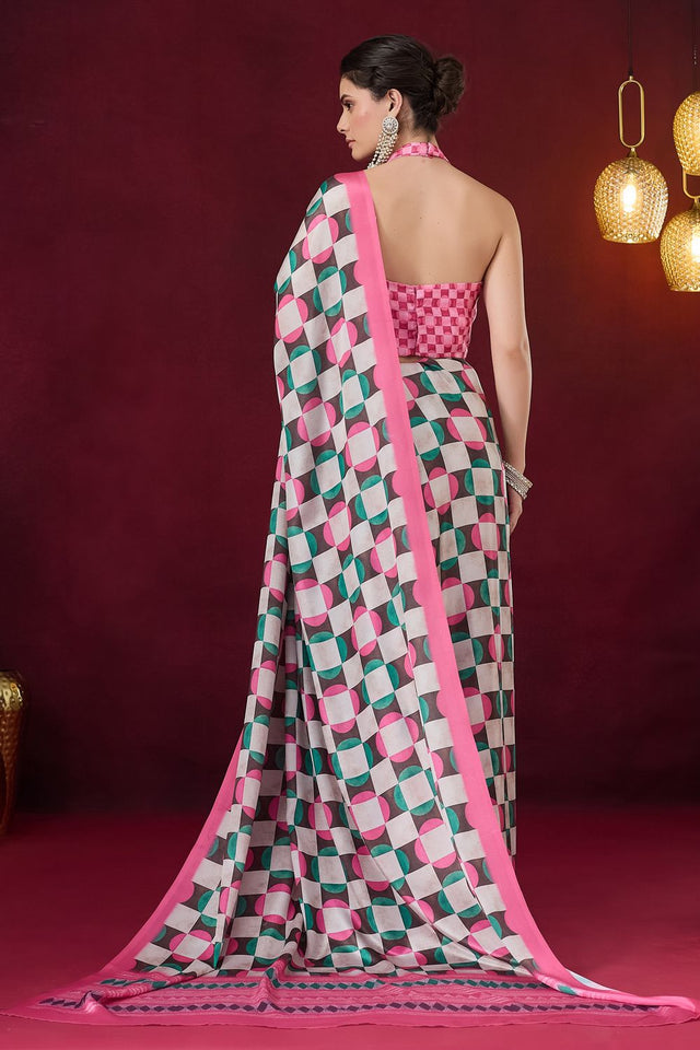 Pink Geometric Printed Satin Ready to Wear Saree (ACB1892)