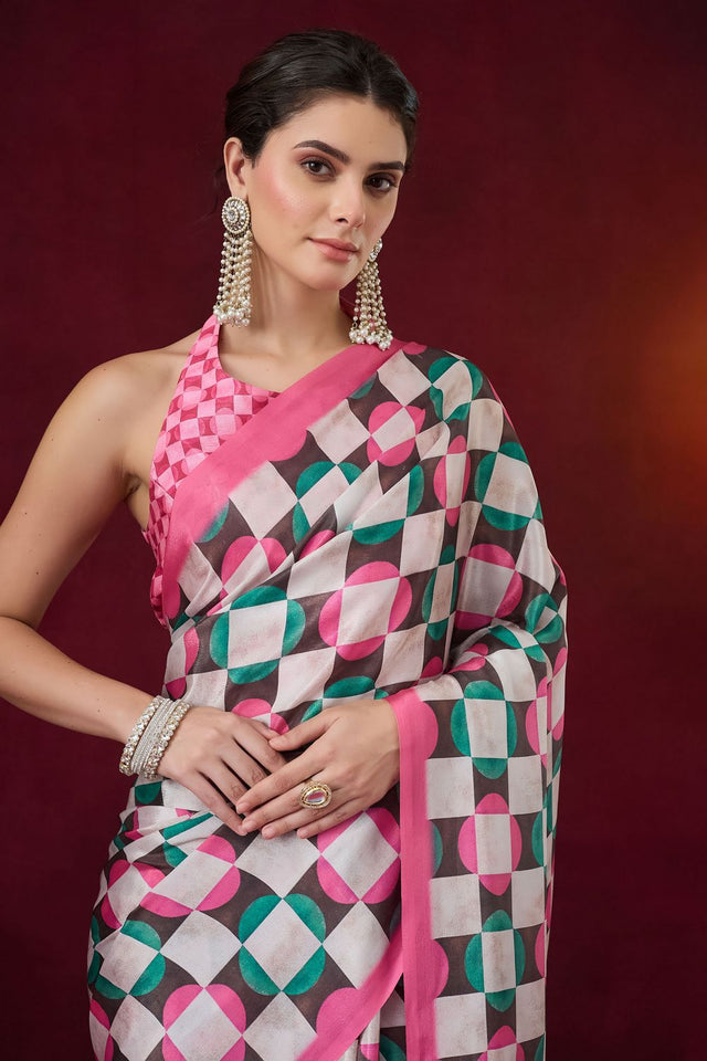 Pink Geometric Printed Satin Ready to Wear Saree (ACB1892)