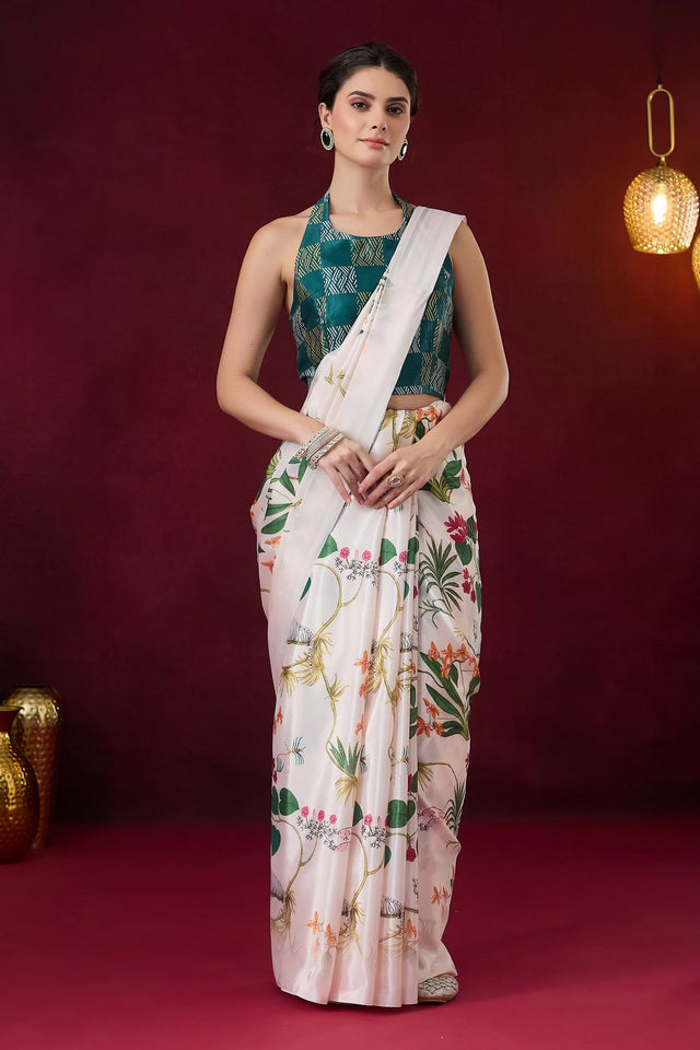 White Floral Printed Satin Ready to Wear Saree (ACB1894)