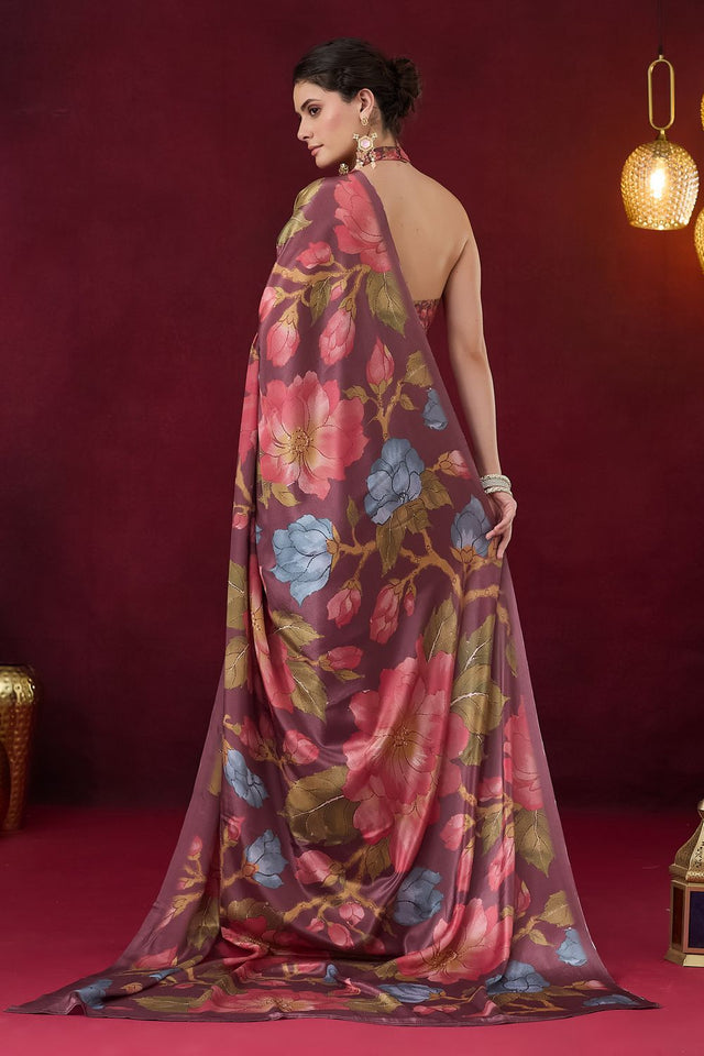 Wine Floral Printed Satin Ready to Wear Saree (ACB1896)