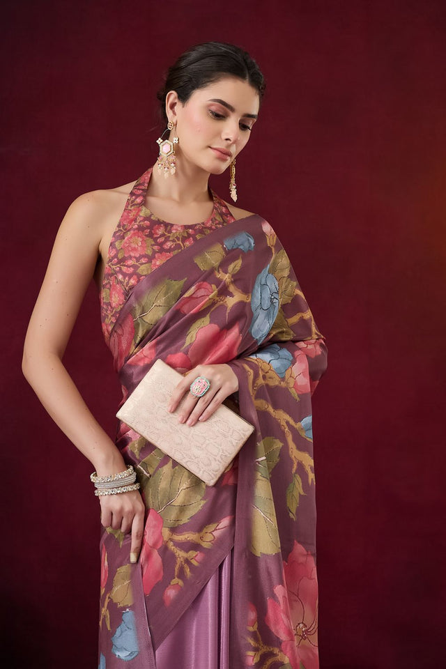 Wine Floral Printed Satin Ready to Wear Saree (ACB1896)