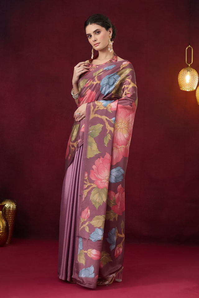 Wine Floral Printed Satin Ready to Wear Saree (ACB1896)