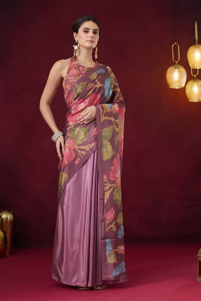 Wine Floral Printed Satin Ready to Wear Saree (ACB1896)
