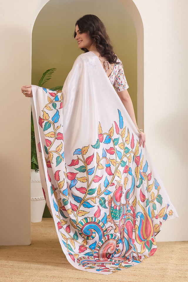 White Floral Printed Satin Ready to Wear Saree (ACB1897)