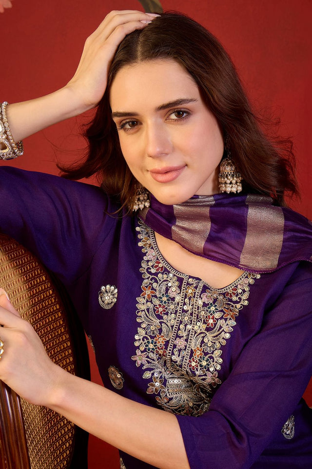 Violet Sequin with Embroidered Silk Straight Cut Suit (ACB1902)