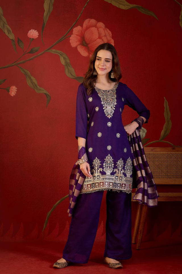 Violet Sequin with Embroidered Silk Straight Cut Suit (ACB1902)