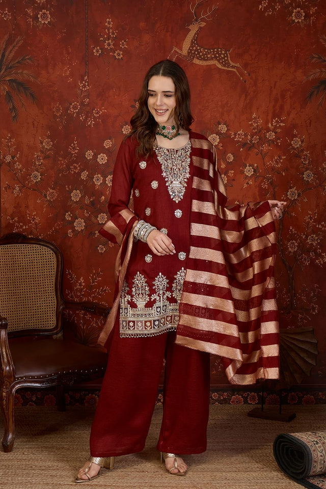 Maroon Sequin with Embroidered Silk Straight Cut Suit (ACB1903)