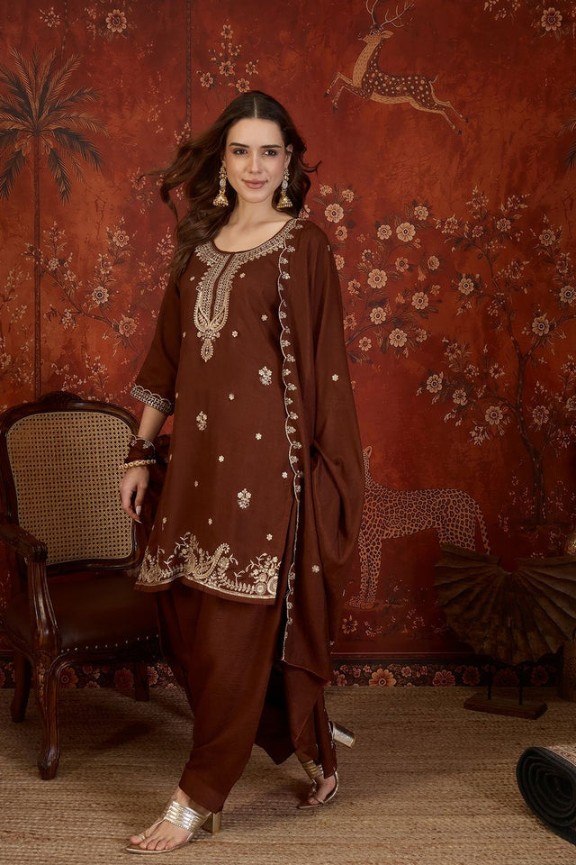 Brown Sequin with Embroidered Silk Straight Cut Suit (ACB1904)