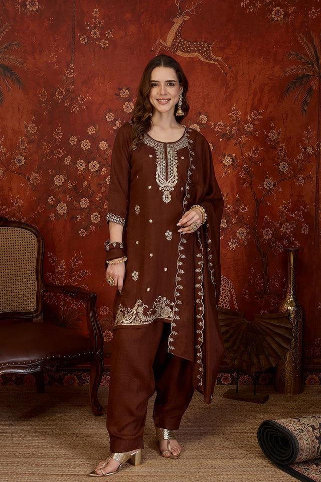 Brown Sequin with Embroidered Silk Straight Cut Suit (ACB1904)