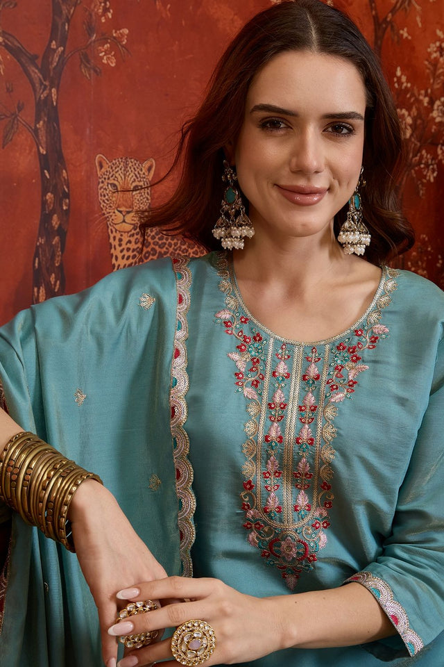 Blue Embroidered Shimmer Sharara Suit (ACB1906)