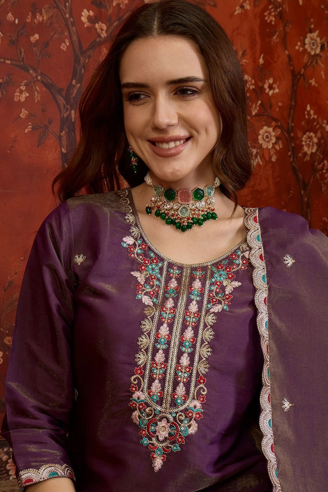 Purple Embroidered Shimmer Sharara Suit (ACB1907)