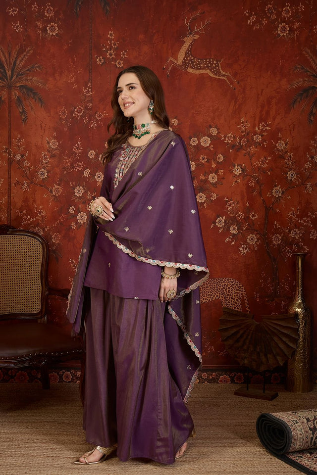 Purple Embroidered Shimmer Sharara Suit (ACB1907)