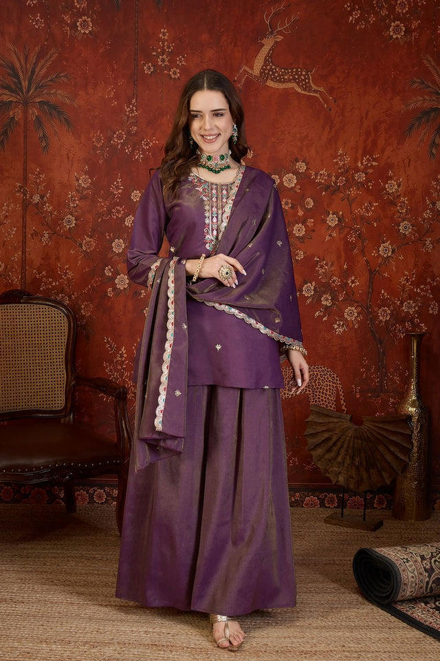 Purple Embroidered Shimmer Sharara Suit (ACB1907)