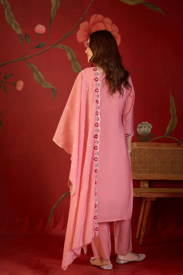 Peach Floral Embroidered Cotton Straight Cut Suit (ACB1908)