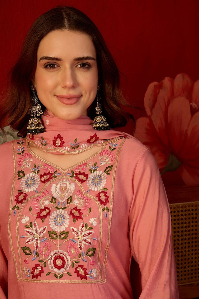 Peach Floral Embroidered Cotton Straight Cut Suit (ACB1908)