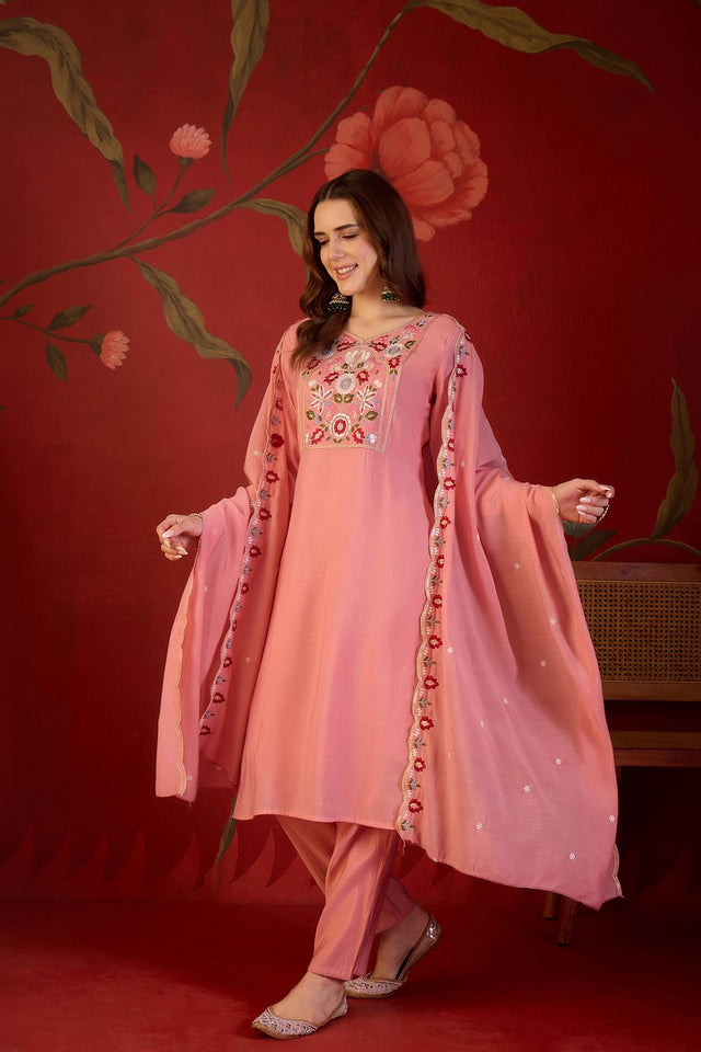 Peach Floral Embroidered Cotton Straight Cut Suit (ACB1908)