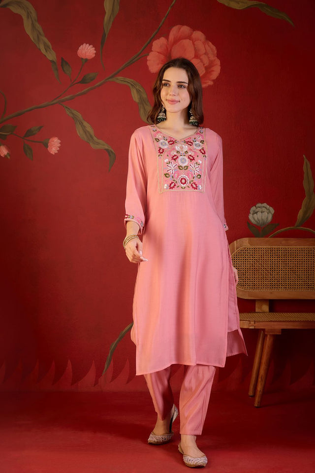 Peach Floral Embroidered Cotton Straight Cut Suit (ACB1908)