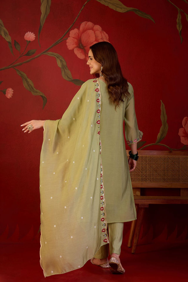 Green Floral Embroidered Cotton Straight Cut Suit (ACB1909)