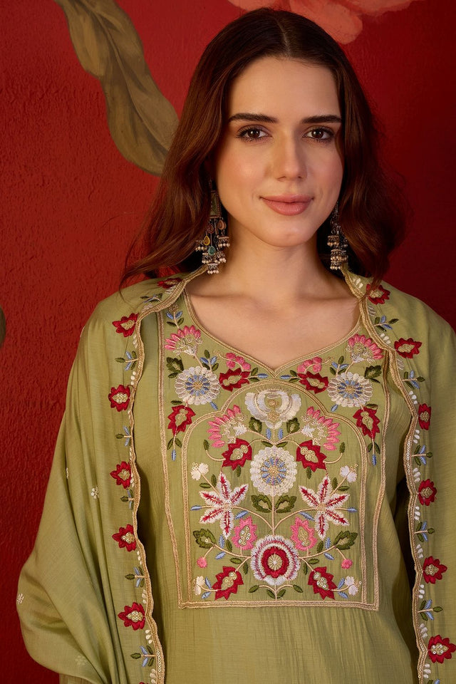 Green Floral Embroidered Cotton Straight Cut Suit (ACB1909)