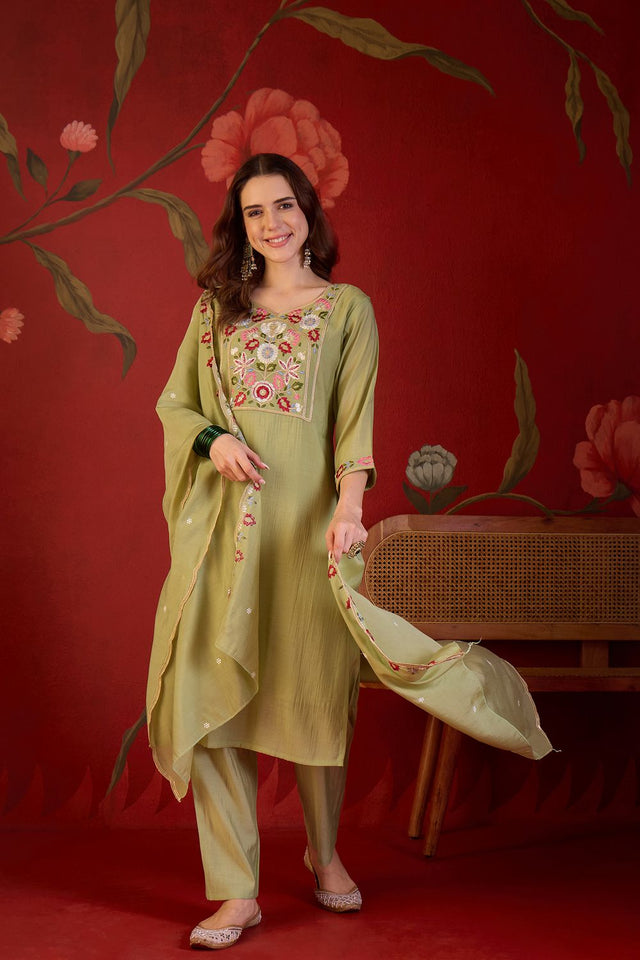 Green Floral Embroidered Cotton Straight Cut Suit (ACB1909)