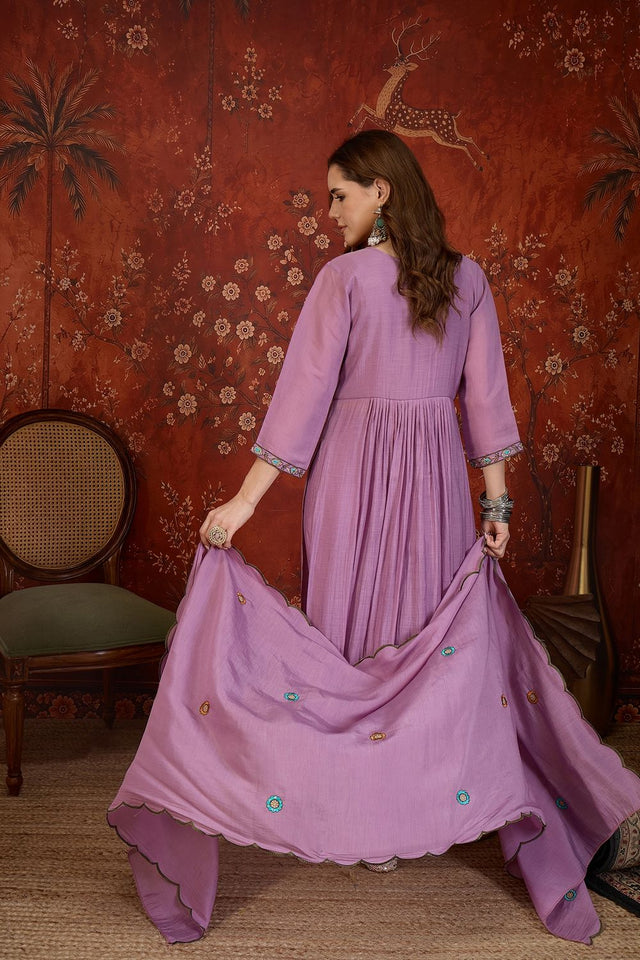 Lavender Floral Embroidered Cotton Straight Cut Suit (ACB1910)