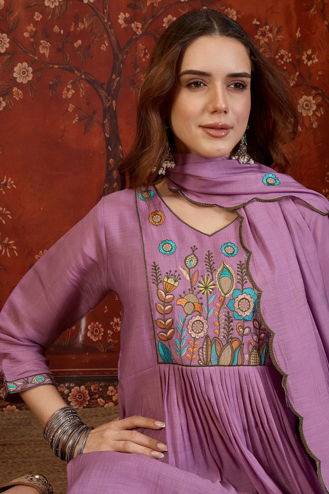 Lavender Floral Embroidered Cotton Straight Cut Suit (ACB1910)