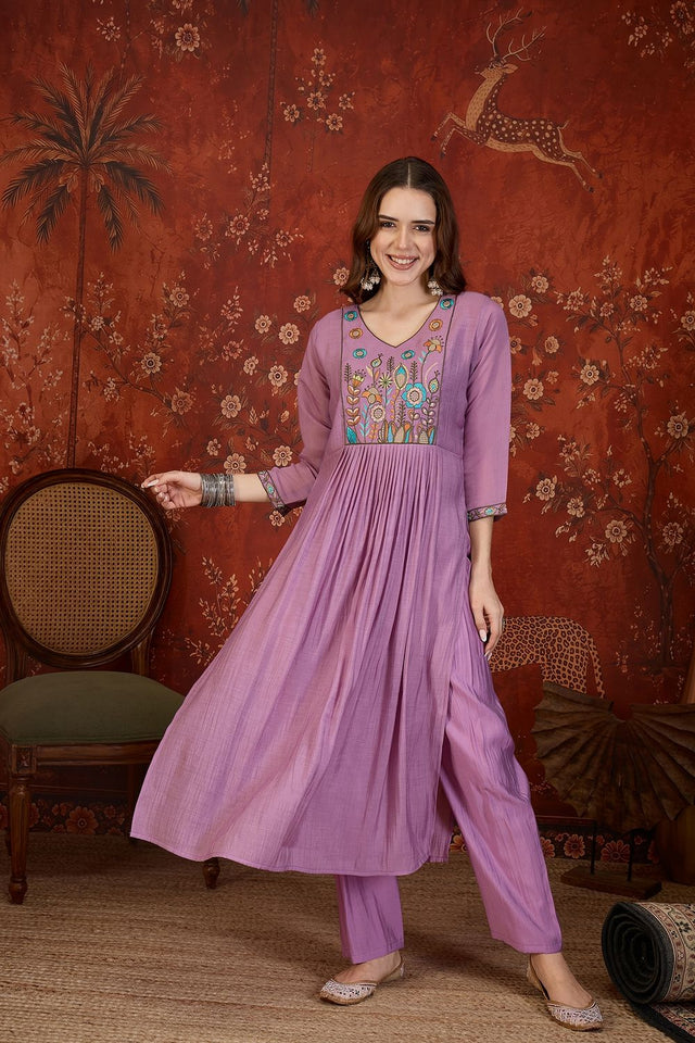 Lavender Floral Embroidered Cotton Straight Cut Suit (ACB1910)