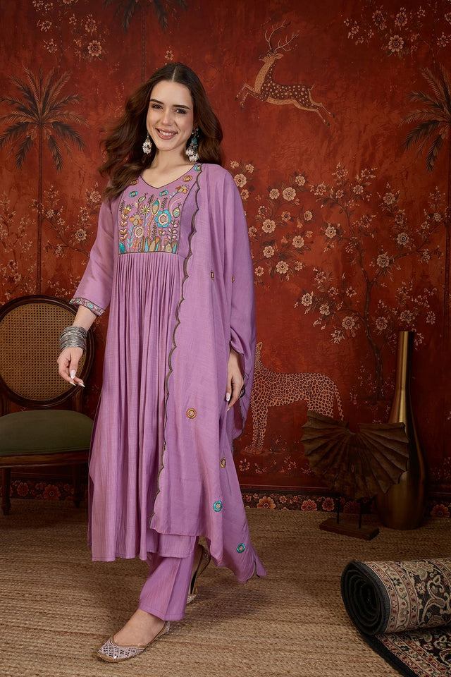 Lavender Floral Embroidered Cotton Straight Cut Suit (ACB1910)
