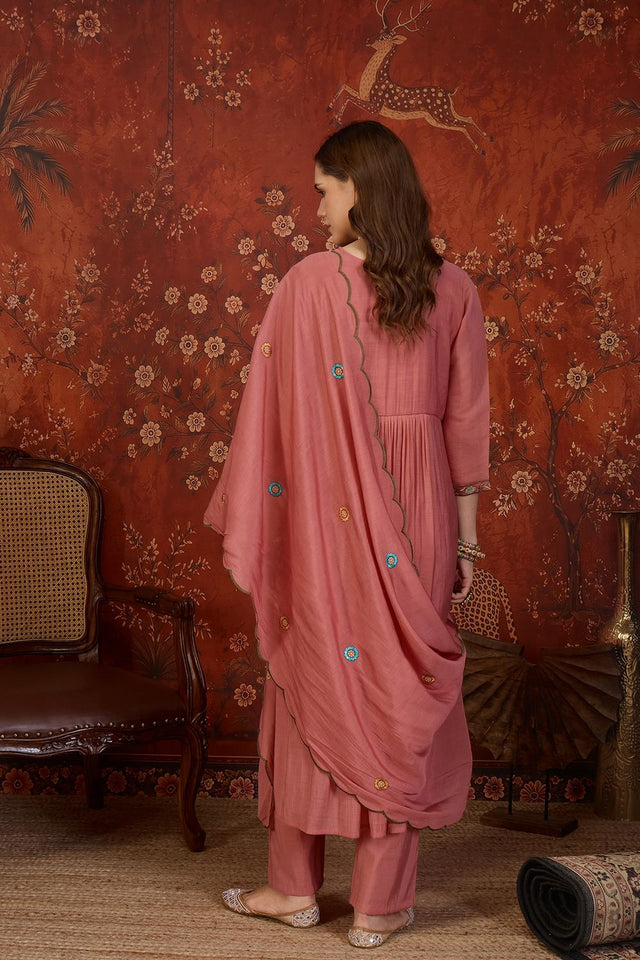 Peach Floral Embroidered Cotton Straight Cut Suit (ACB1911)