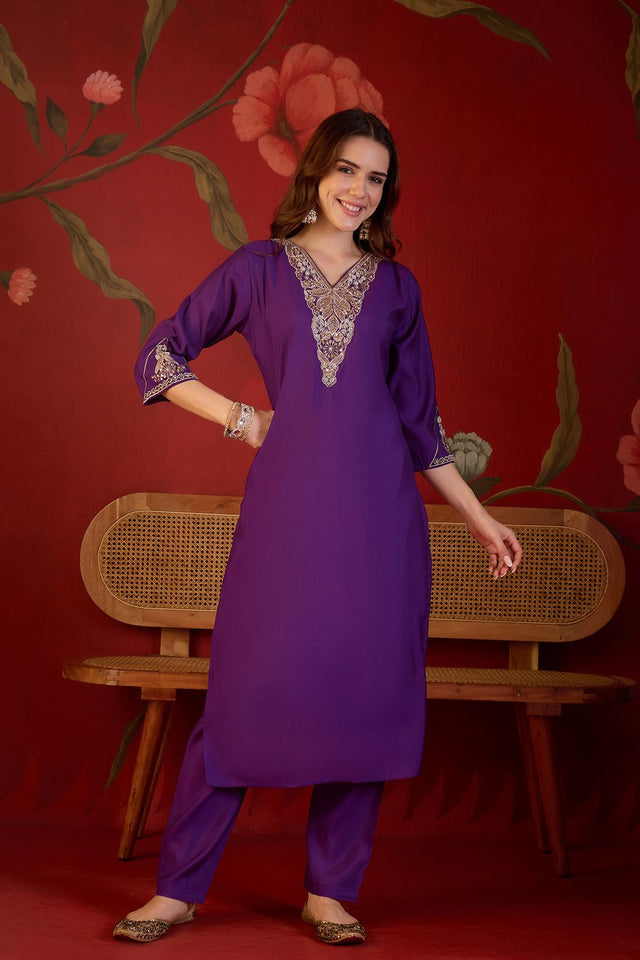 Violet Beads Embossed Silk Straight Cut Suit (ACB1914)