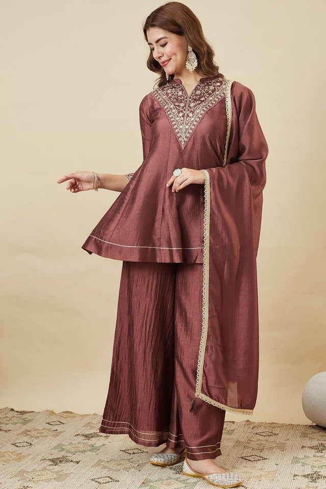 Brown Floral Embroidered Silk Palazzo Suit (ACB1923)