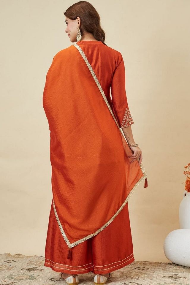 Orange Floral Embroidered Silk Palazzo Suit (ACB1924)